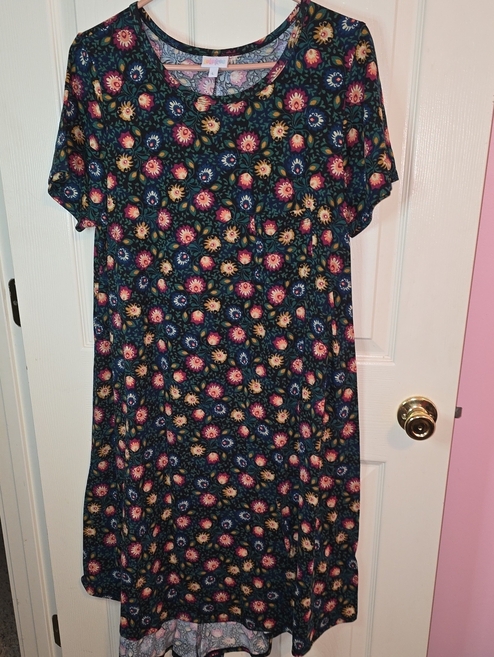 LuLaRoe Navy Floral Maxi Dress with Pink and Yellow Accents